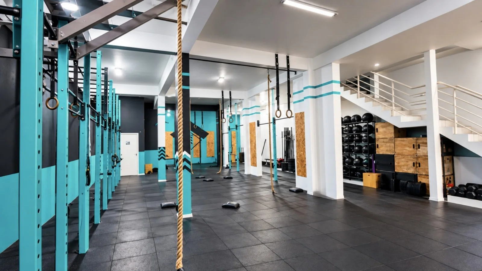 Visão ampla da área interna da Scrum com rig, cordas, argolas e espaço de treinamento
